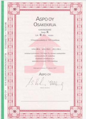 OKK 1987 Aspo Oy spec, Helsinki pörssi osakekirja