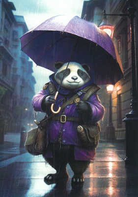 Seikkailija-panda sateessa