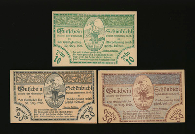Itävalta Notgeld 10, 20, 50 Heller, Schönbichl 1920