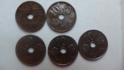 Raha kolikko10 Penniä,sotavuosi 1943 5kpl