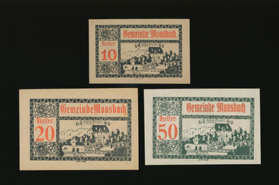 Itävalta Notgeld 10, 20, 50 Heller, Moosbach 1920
