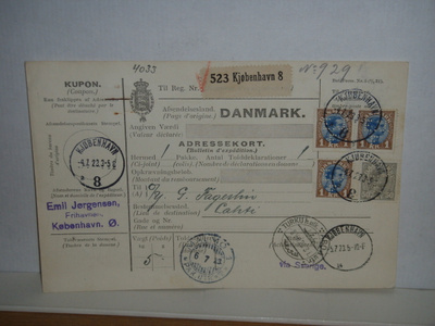 Tanska: Pakettikortti Suomeen 1923