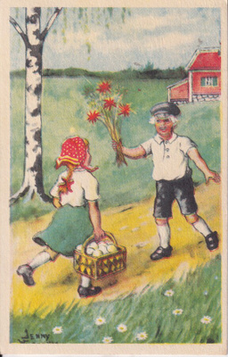 Hauskaa Pääsiäistä. Tyttö, munakori, Jenny Nyström . e212