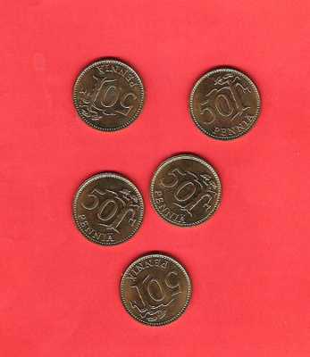 Raha, Rahat, 50 penniä, Suomi, 1990, 5 kpl.