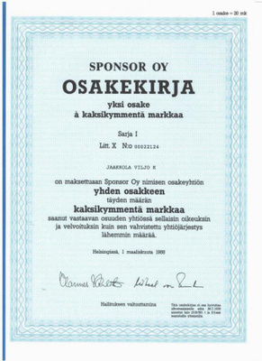OKK 1988 Sponsor Oy, Helsinki pörssi osakekirja