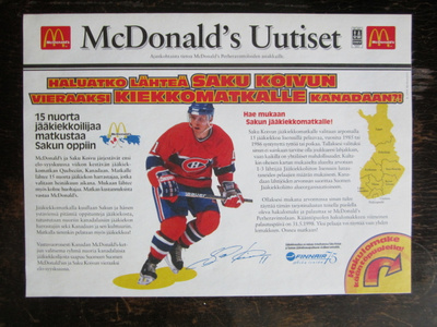 SAKU KOIVU MCDONALDS MAINOS VUODELTA 1998 29x21 cm