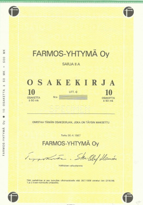 OKK 1987 Farmos-Yhtymä Oy spec, Turku pörssi osakekirja