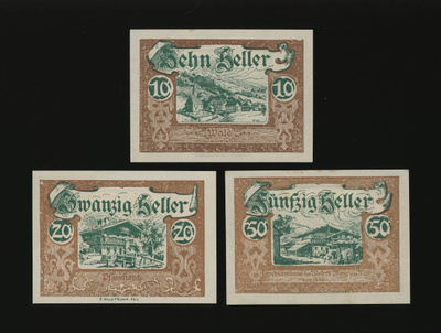 Itävalta Notgeld 10, 20, 50 Heller, Wald 1920