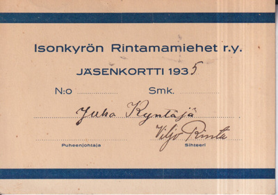Isonkyrön Rintamamiehet r.y. Jäsenkortti 1935   e165