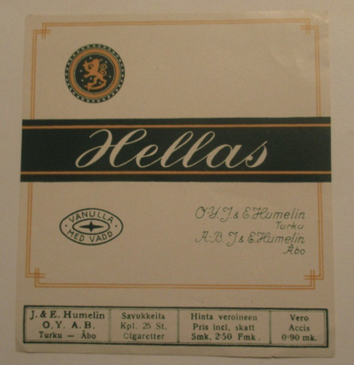 TUPAKKA ETIKETTI  - HELLAS J.E HUMELIN TURKU  (AB8)
