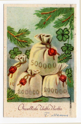 Uudenvuodenkortti - Rahasäkit + apilat - kulk. 1961