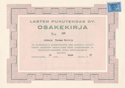 OKK 1957 Lasten Pukutehdas Oy, Kokkola osakekirja