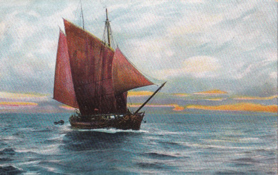 Purjevene, maalaus, wanhakortti b480