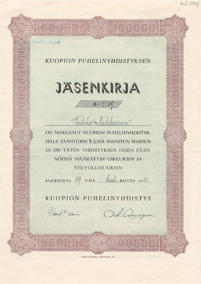 OKK 1951 Kuopion Puhelinyhdistys, Kuopio jäsenkirja