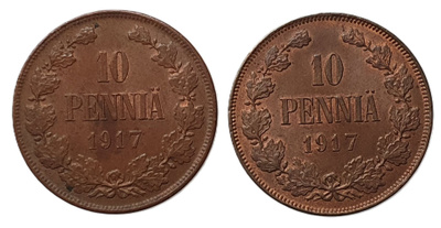 2x 10 penniä 1917 I ja II - hyväkuntoiset!