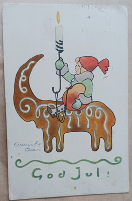 Tonttu ratsastaa piparilla, omena kainalossa, kynttilä, 1921