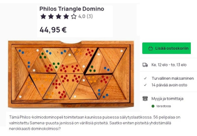 Kolmiodomino. Samena puusta valmistettu 56 osainen peli.
