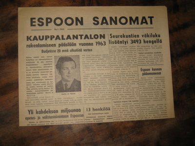 Sanomalehti  Espoon Sanomat nro 1/1962