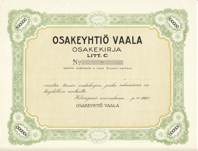 OKK 1927 Vaala Oy, bla Helsinki osakekirja