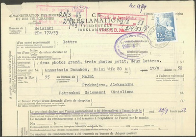 1953 25mk raittius tiedustelu Neuvostoliittoon