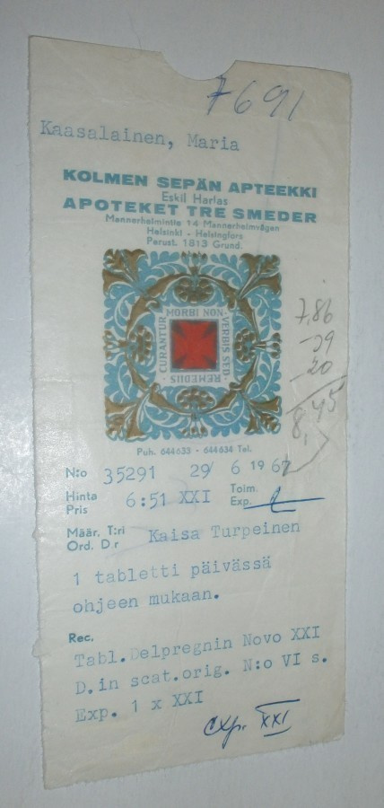 Apteekkiresepti, Kolmen Sepän apteekki, Helsinki 1967
