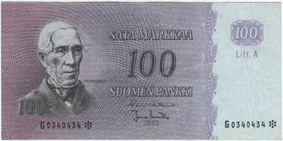 100 Markkaa 1963 Litt.A G-sarjaa tähdellä, kl.6
