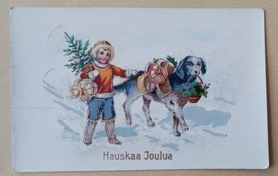 Lapsi tuo kuusen ja paketteja, koira kukat ja paketit 1927