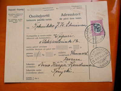 1924 Terijoki osoitekortti Viipuriin