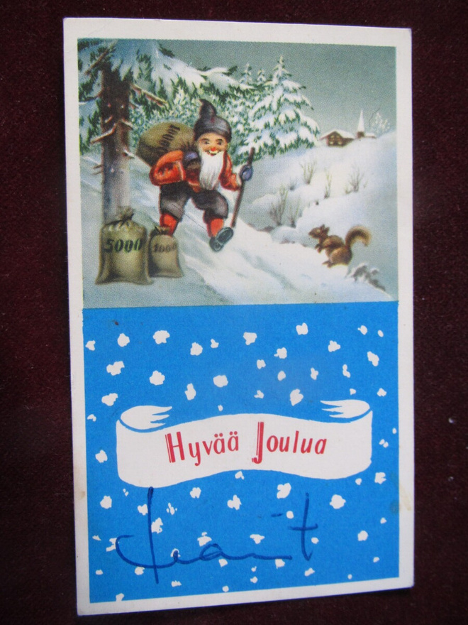 Tonttu ja rahasäkit.  Joulukortti