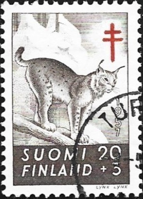 1957 TUB merkki Ilves 20 + 3 mk leimattu LaPe 480