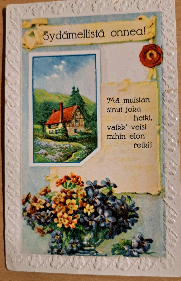 kukkia, talo, onnitteluruno, kulkenut 1931