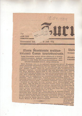 Maria Åkerblom, leikkeet, 5 kpl. + Turun Sanomat, 1924-25.