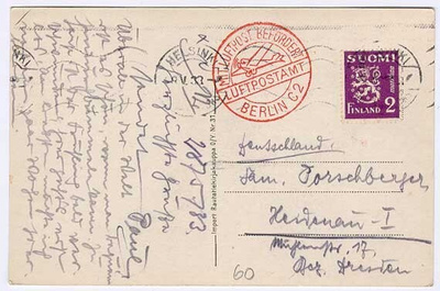 M30 1932 2 mk violetti postikortti Saksaan - lentoleima