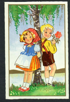 Lapsi - Lapsipari koivun alla - Kortti 1940-50-luvulta