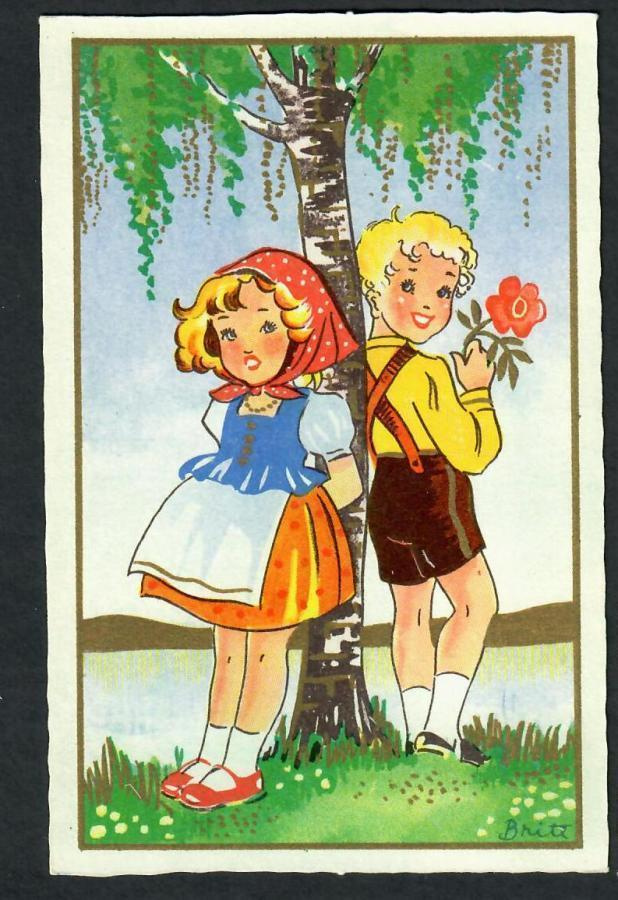 Lapsi - Lapsipari koivun alla - Kortti 1940-50-luvulta