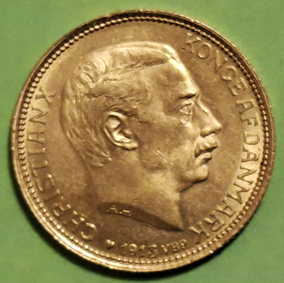 Tanska 20 Kroner 1913 kulta raha, kunto ok.