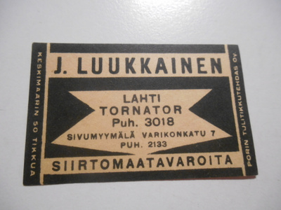 TT Etiketti J.Luukkainen Lahti Tornator siirtomaatavaroita