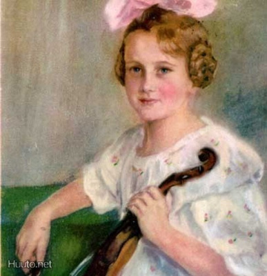 VIULU / Kukkamekkoinen tyttö soittaa viulua. 1920-l.