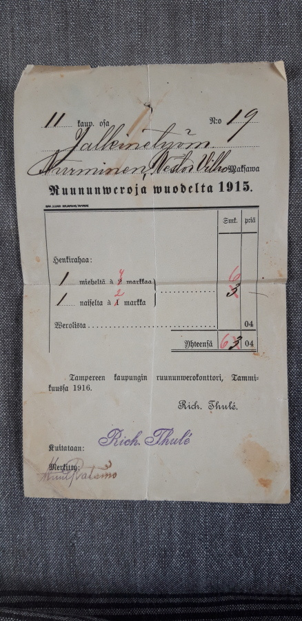 Ruununvero kuitti 1915, Tampere ruununverokonttori