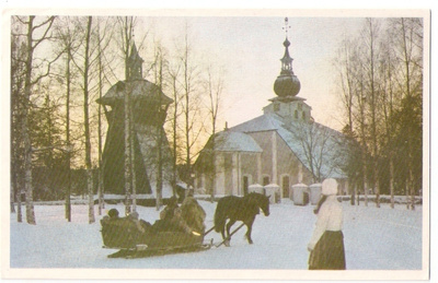 Hevoskyydillä joulukirkkoon meno. Kulk.