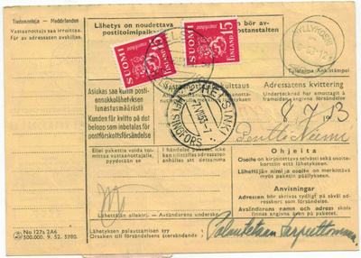 1952 15mk pun. leijona 2 kpl postiennakkopaketin palautus