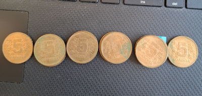 11 kpl 5 markan kolikoita 1970 -luvulta