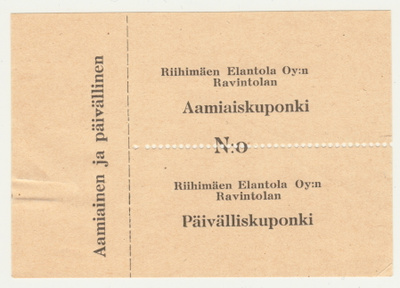 Riihimäki Elantolan ravintola ruokailukuponki 20-luku