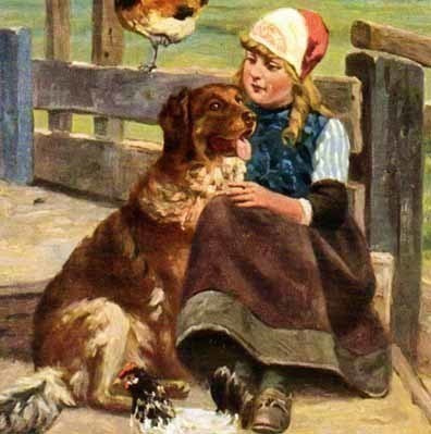 LAPSET / Lettipäinen tyttö ja paimenkoira, kanoja. 1910-l.