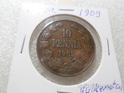 10  penniä  1909   kulkematon  tasaisesti patinoitunut raha.