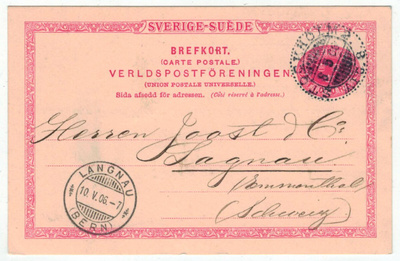Ruotsi 1906 ehiökortti Sveitsiin