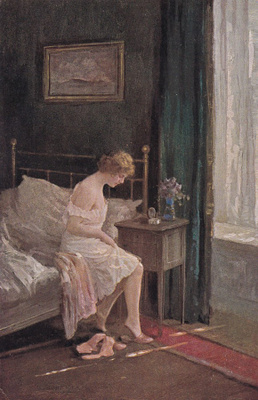 E. Schneider, " Morgentoilette ", Nainen vuoteella b514