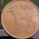 Norja 5 Ore 1962. Pronssivärinen kolikko. Halkaisija - 26 mm - pikkukuva 4