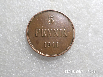 5  penniä   1911   kulkematon   kl 9