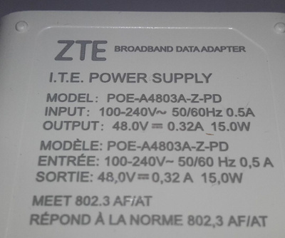 ZTE POE-A4803-Z-PD 48V 0,32A 15W POE adapter